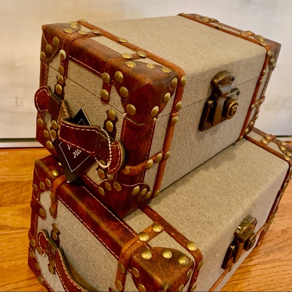 Faux Leather & Gray Linen Cloth Stackable Storage Trunks NWTS - Picture 2 of 4